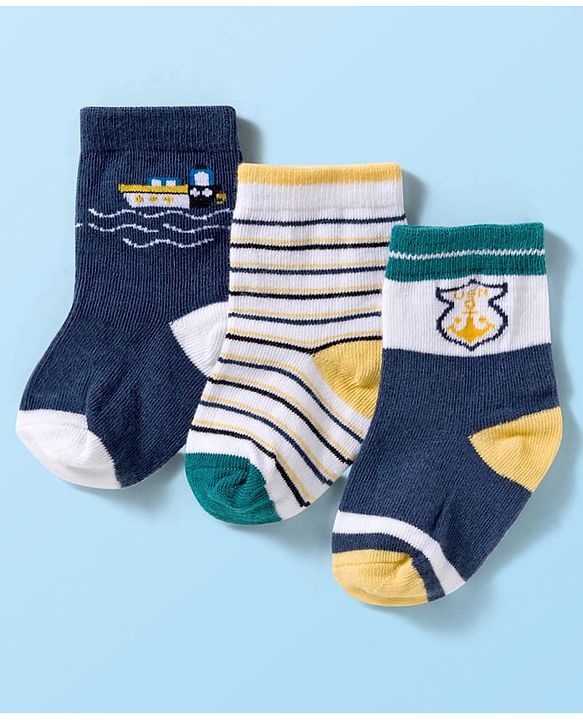Cute Walk by Babyhug Ankle Length Antibacterial Socks With Stripes Pack Of 3 - Navy Blue & White