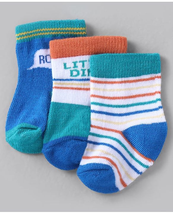 Cute Walk by Babyhug Knit Ankle Length Anti Bacterial Socks with Stripes Design Pack of 3 - White &  Blue