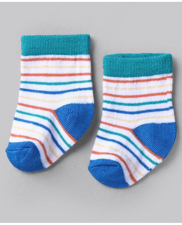 Cute Walk by Babyhug Knit Ankle Length Anti Bacterial Socks with Stripes Design Pack of 3 - White &  Blue