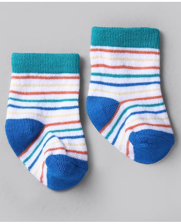 Cute Walk by Babyhug Knit Ankle Length Anti Bacterial Socks with Stripes Design Pack of 3 - White &  Blue