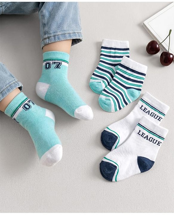 Cute Walk by Babyhug Ankle Length Antibacterial Socks With Stripes Pack Of 3 - White & Aqua