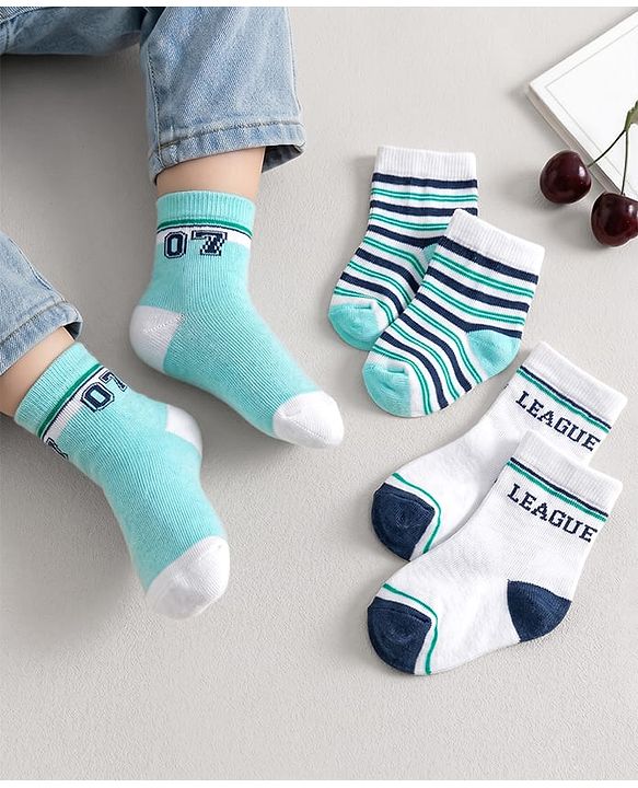 Cute Walk by Babyhug Ankle Length Antibacterial Socks With Stripes Pack Of 3 - White & Aqua
