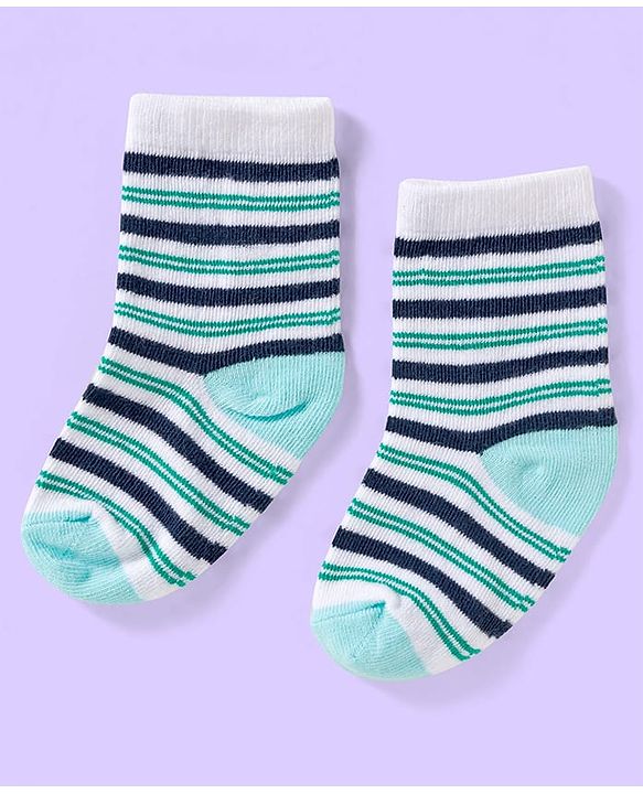 Cute Walk by Babyhug Ankle Length Antibacterial Socks With Stripes Pack Of 3 - White & Aqua