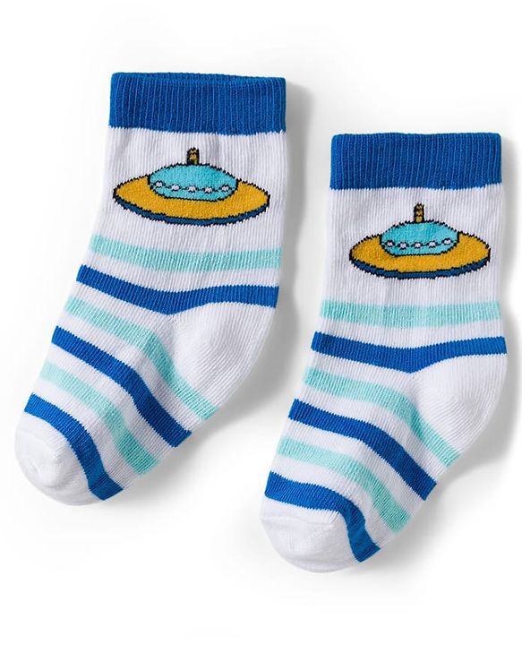 Cute Walk by Babyhug Knit Ankle Length Antibacterial Socks With Stripes & Space Print Pack Of 3 - Blue & Yellow