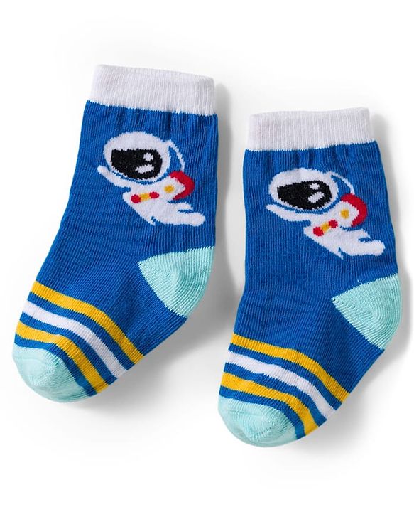 Cute Walk by Babyhug Knit Ankle Length Antibacterial Socks With Stripes & Space Print Pack Of 3 - Blue & Yellow