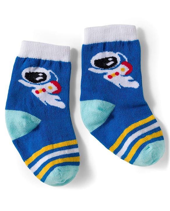 Cute Walk by Babyhug Knit Ankle Length Antibacterial Socks With Stripes & Space Print Pack Of 3 - Blue & Yellow