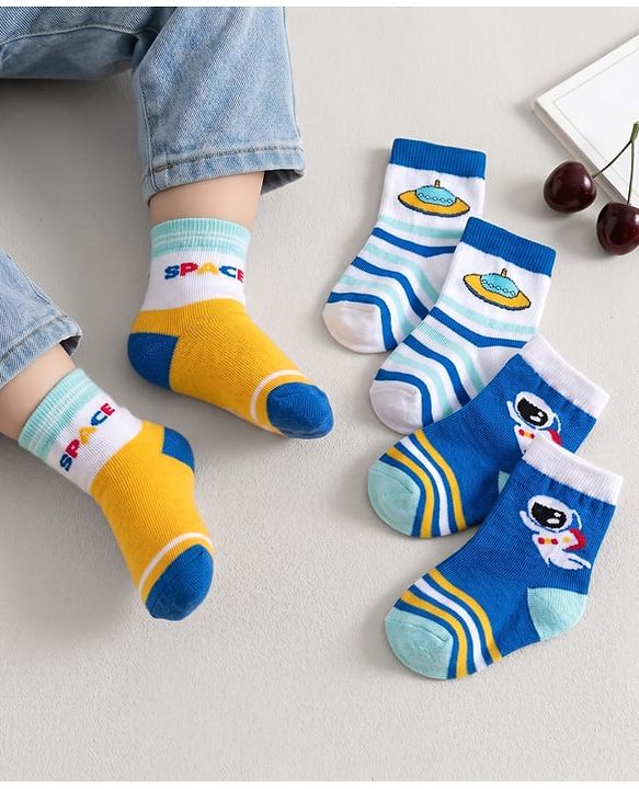 Cute Walk by Babyhug Knit Ankle Length Antibacterial Socks With Stripes & Space Print Pack Of 3 - Blue & Yellow