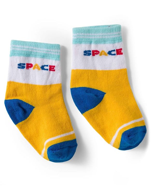 Cute Walk by Babyhug Knit Ankle Length Antibacterial Socks With Stripes & Space Print Pack Of 3 - Blue & Yellow