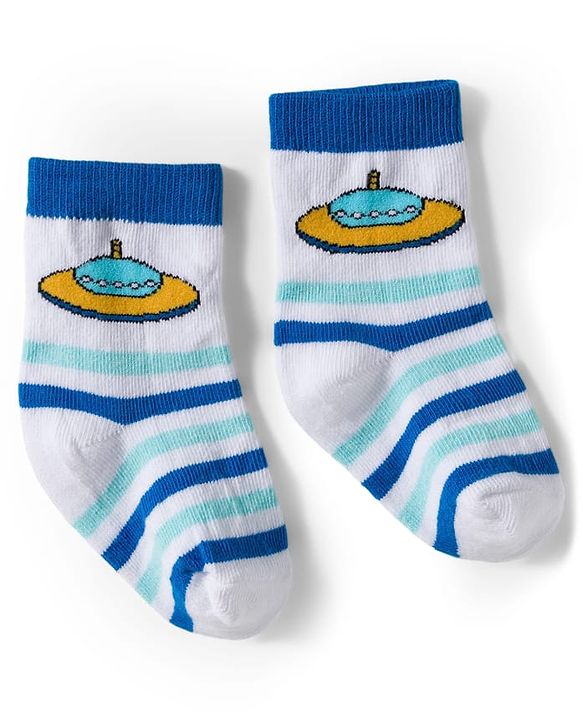 Cute Walk by Babyhug Knit Ankle Length Antibacterial Socks With Stripes & Space Print Pack Of 3 - Blue & Yellow