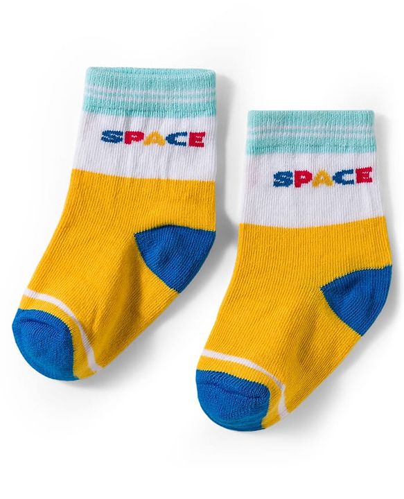 Cute Walk by Babyhug Knit Ankle Length Antibacterial Socks With Stripes & Space Print Pack Of 3 - Blue & Yellow