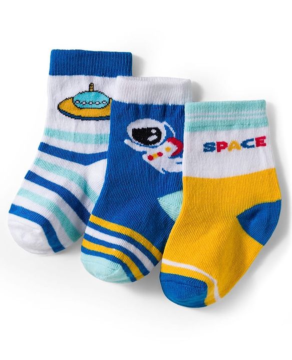 Cute Walk by Babyhug Knit Ankle Length Antibacterial Socks With Stripes & Space Print Pack Of 3 - Blue & Yellow