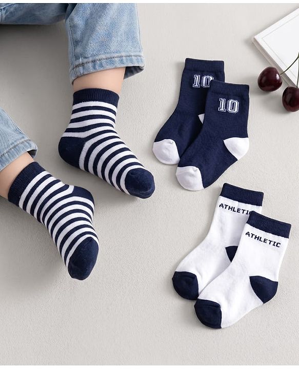 Cute Walk by Babyhug Knit Ankle Length Anti Bacterial Socks with Stripes Design Pack of 3 - White & Navy Blue