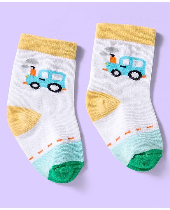 Cute Walk by Babyhug Ankle Length Antibacterial Socks With Stripes & Vehicle Print Pack Of 3 - Green & White