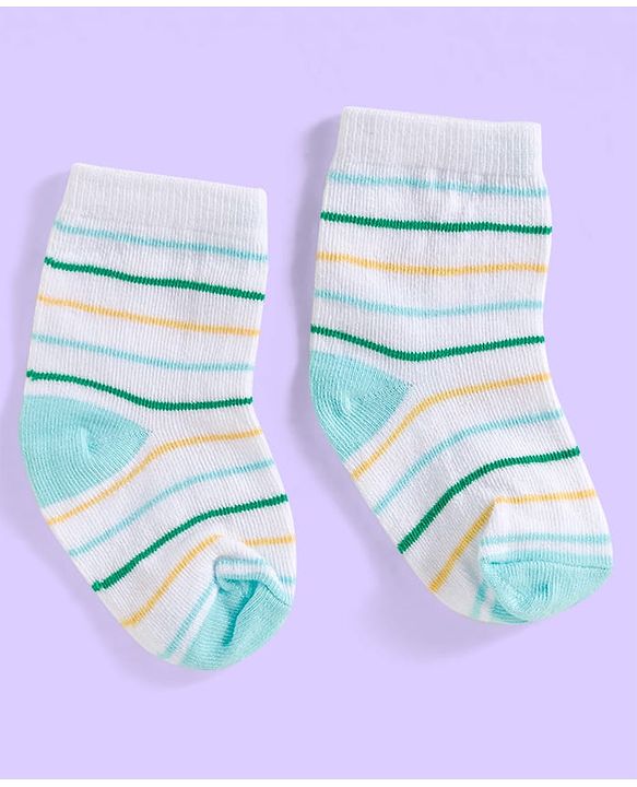 Cute Walk by Babyhug Ankle Length Antibacterial Socks With Stripes & Vehicle Print Pack Of 3 - Green & White