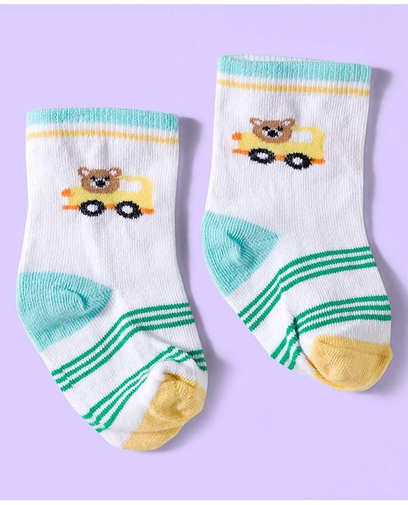 Cute Walk by Babyhug Ankle Length Antibacterial Socks With Stripes & Vehicle Print Pack Of 3 - Green & White