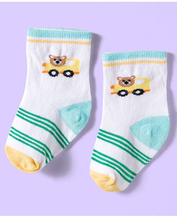 Cute Walk by Babyhug Ankle Length Antibacterial Socks With Stripes & Vehicle Print Pack Of 3 - Green & White