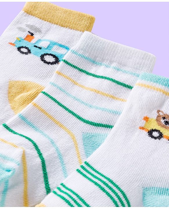 Cute Walk by Babyhug Ankle Length Antibacterial Socks With Stripes & Vehicle Print Pack Of 3 - Green & White
