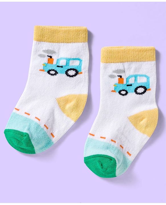 Cute Walk by Babyhug Ankle Length Antibacterial Socks With Stripes & Vehicle Print Pack Of 3 - Green & White