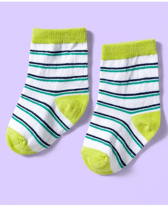 Cute Walk by Babyhug Ankle Length Antibacterial Socks With Stripes Pack Of 3 - Light Green & White