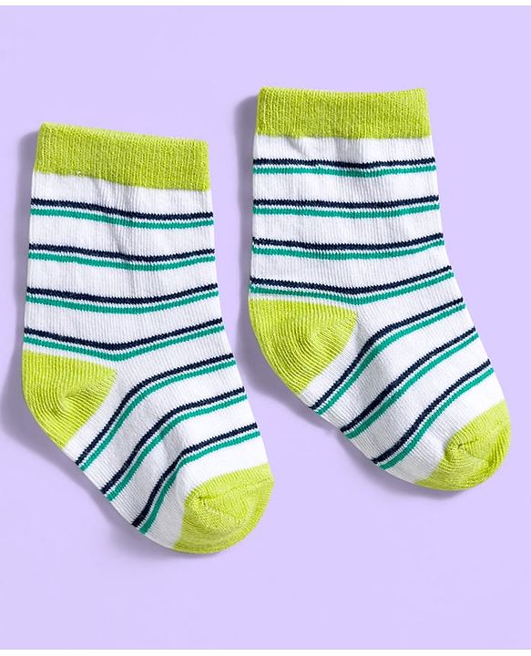 Cute Walk by Babyhug Ankle Length Antibacterial Socks With Stripes Pack Of 3 - Light Green & White