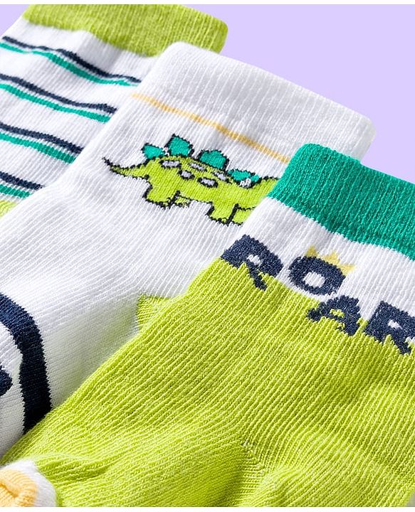 Cute Walk by Babyhug Ankle Length Antibacterial Socks With Stripes Pack Of 3 - Light Green & White