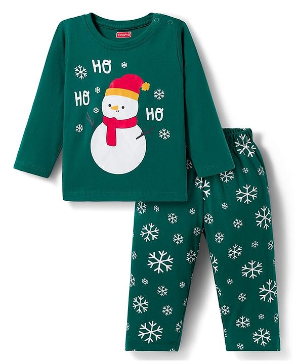 Babyhug Cotton Knit Full Sleeves Night Suit With Penguin Print - Green