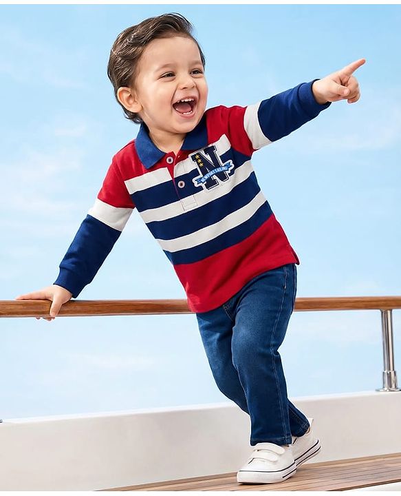Babyhug Single Jersey Knit Striped Polo T-Shirt & Denim Jeans Set - Multicolor