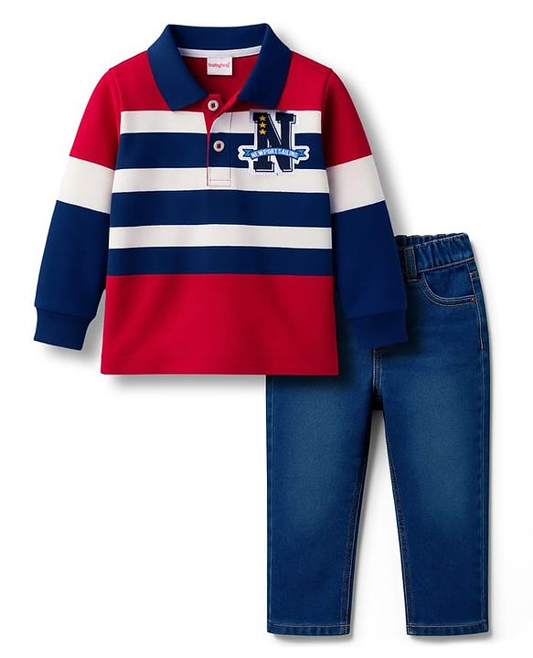 Babyhug Single Jersey Knit Striped Polo T-Shirt & Denim Jeans Set - Multicolor