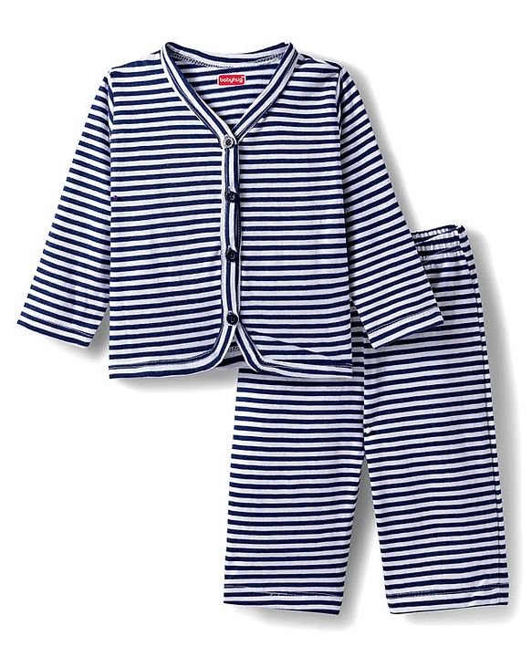 Babyhug Single Jersey Knit Full sleeves Front Open Co-Ord T-Shirt and Lounge Pant Set with Stripes - Navy Blue & White
