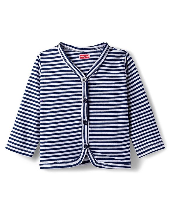 Babyhug Single Jersey Knit Full sleeves Front Open Co-Ord T-Shirt and Lounge Pant Set with Stripes - Navy Blue & White