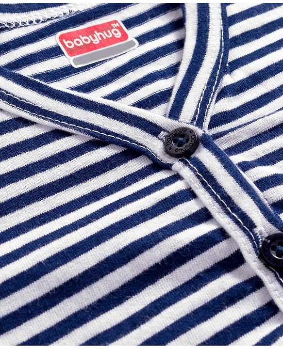 Babyhug Single Jersey Knit Full sleeves Front Open Co-Ord T-Shirt and Lounge Pant Set with Stripes - Navy Blue & White
