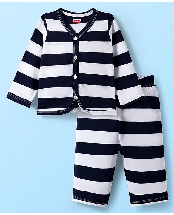 Babyhug Single Jersey Knit Full Sleeves Co-Ord Front Open T-Shirt & Joggers Set With Stripes - Black & White