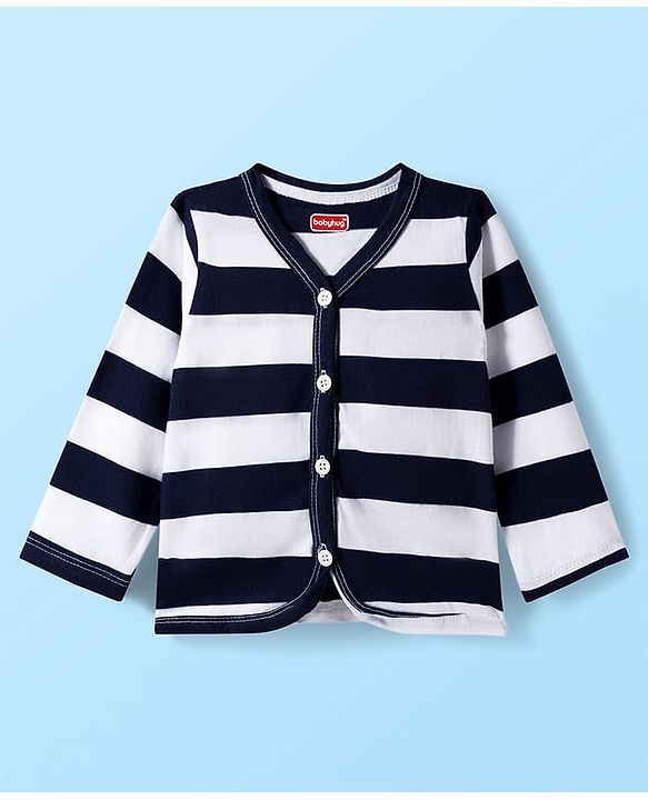 Babyhug Single Jersey Knit Full Sleeves Co-Ord Front Open T-Shirt & Joggers Set With Stripes - Black & White