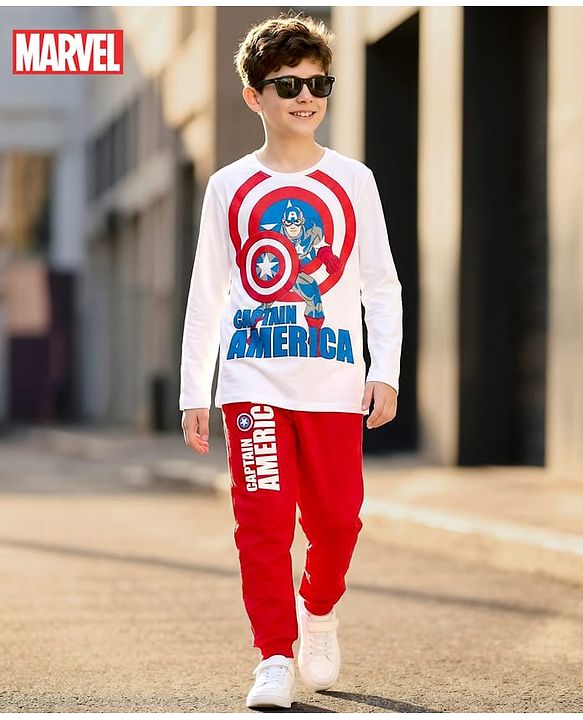 Pine Kids Marvel Single Jersey Knit Full Sleeves T-Shirt & Lounge Pant Set with Captain America Graphic - Red & White