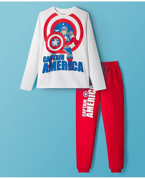 Pine Kids Marvel Single Jersey Knit Full Sleeves T-Shirt & Lounge Pant Set with Captain America Graphic - Red & White