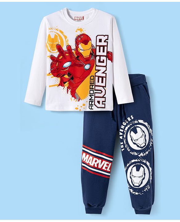 Pine Kids Marvel Single Jersey Knit Full Sleeves T-Shirt & Joggers Set with Iron Man Graphics - White & Navy Blue