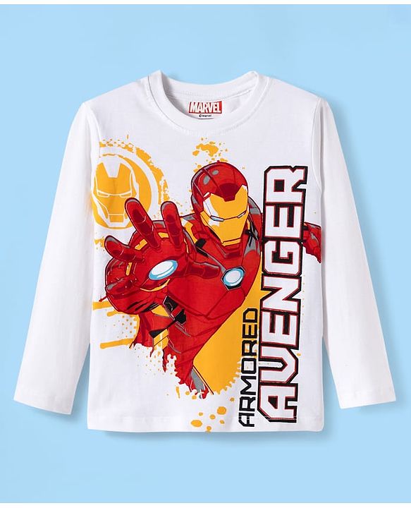 Pine Kids Marvel Single Jersey Knit Full Sleeves T-Shirt & Joggers Set with Iron Man Graphics - White & Navy Blue