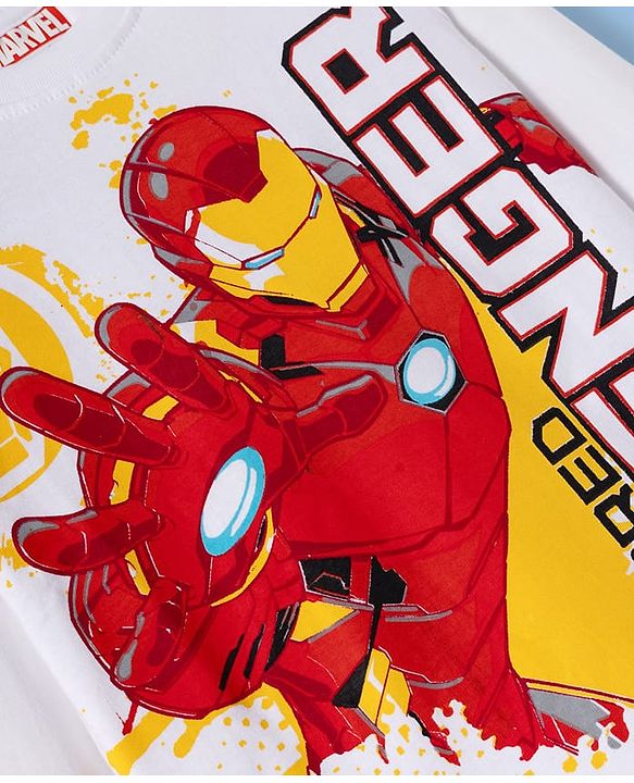 Pine Kids Marvel Single Jersey Knit Full Sleeves T-Shirt & Joggers Set with Iron Man Graphics - White & Navy Blue