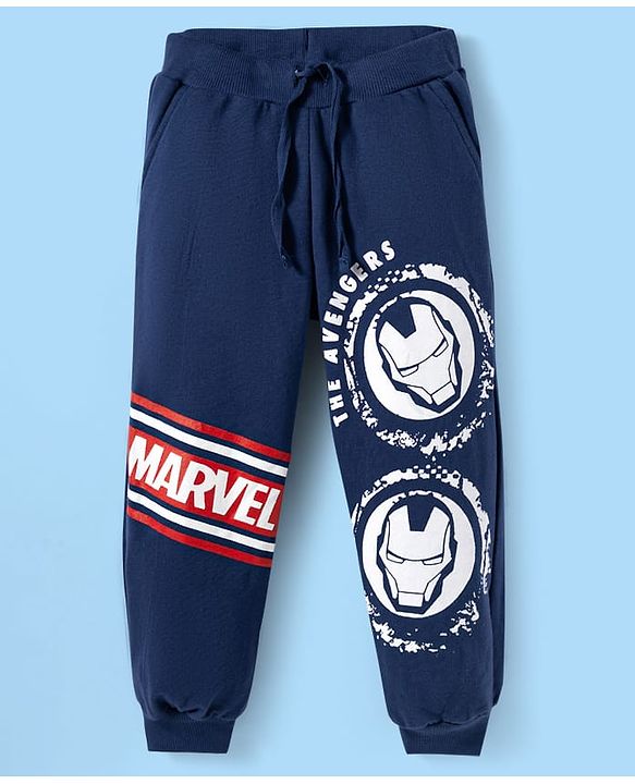 Pine Kids Marvel Single Jersey Knit Full Sleeves T-Shirt & Joggers Set with Iron Man Graphics - White & Navy Blue
