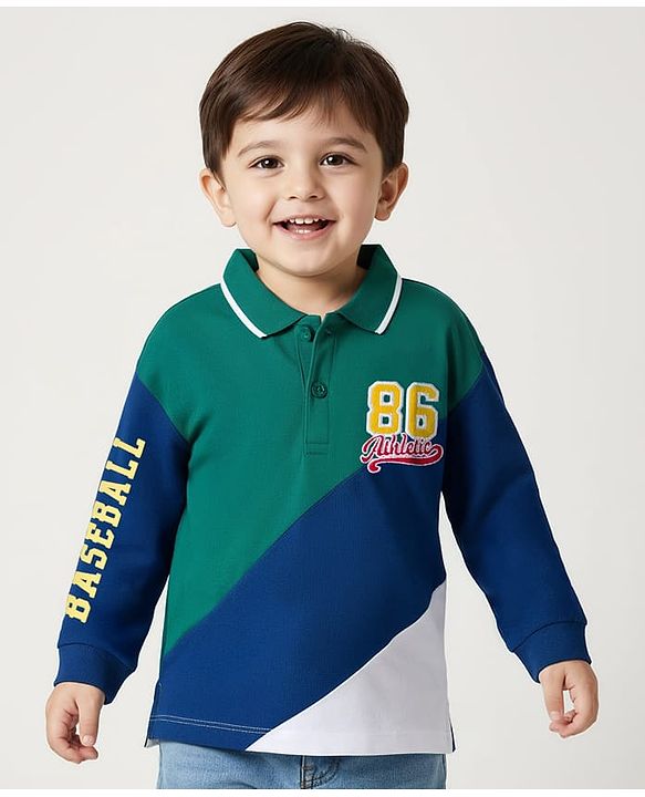 Babyhug 100% Cotton Knit Full Sleeves Cut & Sew Polo T-Shirt with Baseball Theme Print - Dark Green & Blue