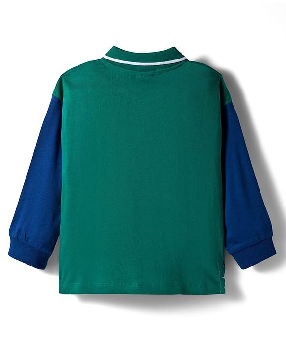 Babyhug 100% Cotton Knit Full Sleeves Cut & Sew Polo T-Shirt with Baseball Theme Print - Dark Green & Blue