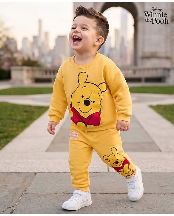 Babyhug Disney Terry Knit Full Sleeves Sweatshirt & Trackpant Set with Winnie the Pooh Graphic and Sherpa Sleeves Detailing -  Yellow