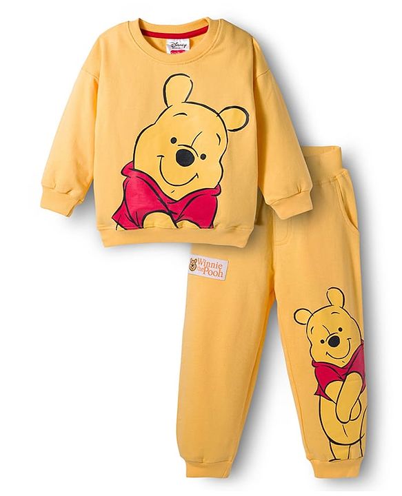 Babyhug Disney Terry Knit Full Sleeves Sweatshirt & Trackpant Set with Winnie the Pooh Graphic and Sherpa Sleeves Detailing -  Yellow