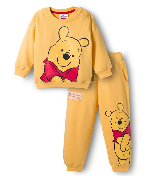 Babyhug Disney Terry Knit Full Sleeves Sweatshirt & Trackpant Set with Winnie the Pooh Graphic and Sherpa Sleeves Detailing -  Yellow