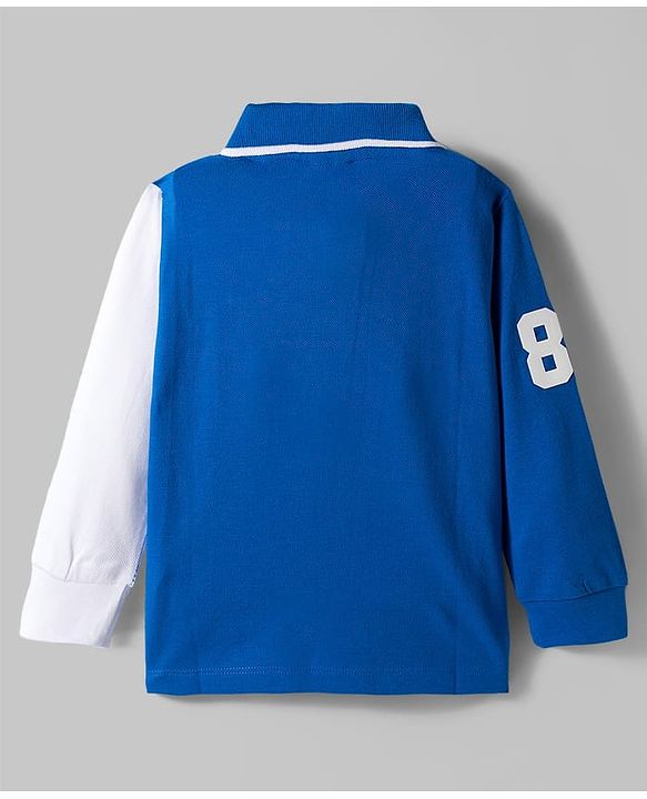 Babyhug 100% Cotton Knit Full Sleeves Cut & Sew Polo Collar T-Shirt with NYC Text Print - Blue White & Green