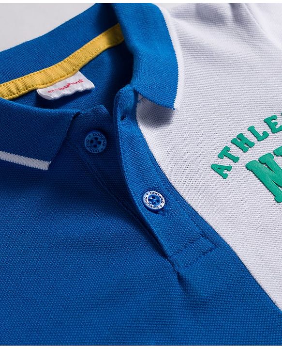 Babyhug 100% Cotton Knit Full Sleeves Cut & Sew Polo Collar T-Shirt with NYC Text Print - Blue White & Green