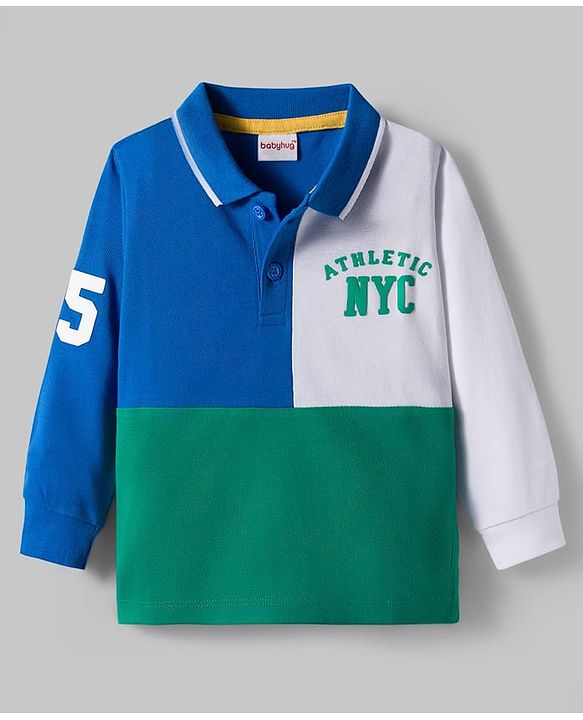 Babyhug 100% Cotton Knit Full Sleeves Cut & Sew Polo Collar T-Shirt with NYC Text Print - Blue White & Green