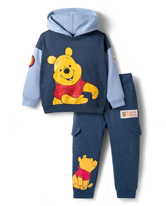 Babyhug Disney Terry Knit Full Sleeves Hooded Sweatshirt & Lounge Pant Set With Winnie The Pooh Graphics - Navy Blue