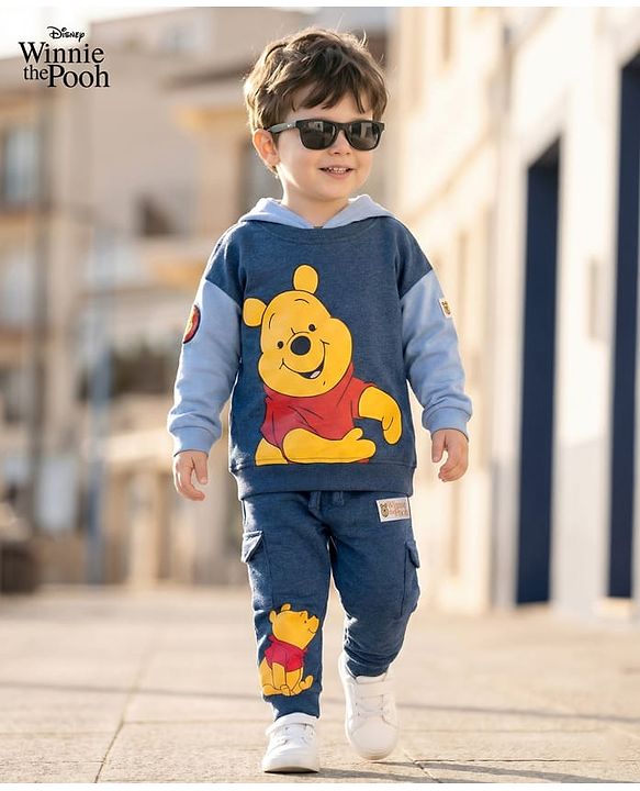 Babyhug Disney Terry Knit Full Sleeves Hooded Sweatshirt & Lounge Pant Set With Winnie The Pooh Graphics - Navy Blue