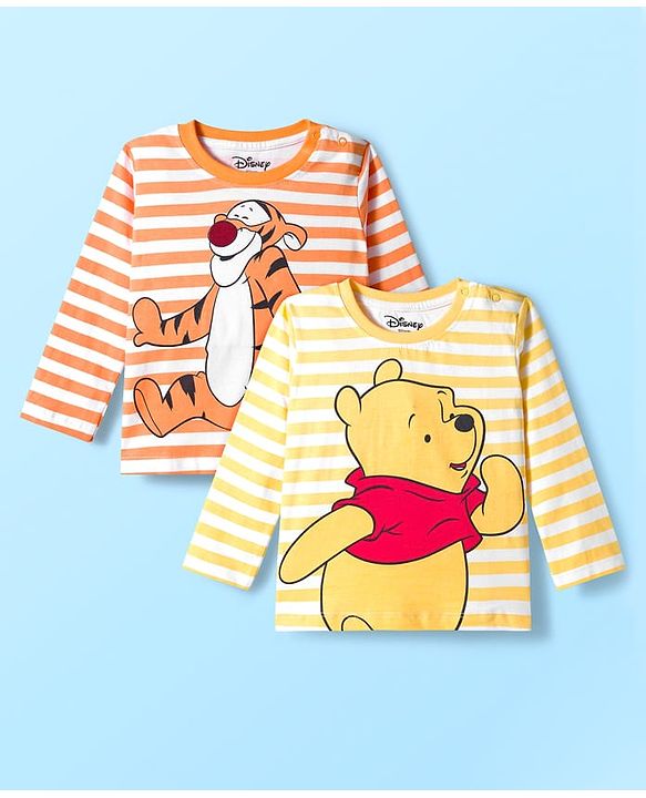 Babyhug Disney Single Jersey Knit  Full Sleeves T-Shirt with Winnie & Friends Graphic and Badge Detailing Pack of 2 - Yellow  & Orange